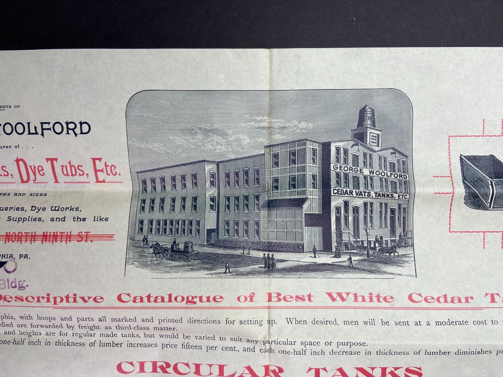 RARE LG Broadside Catalog – George Woolford – Cedar Tanks Vats Dye Tubs 1890s