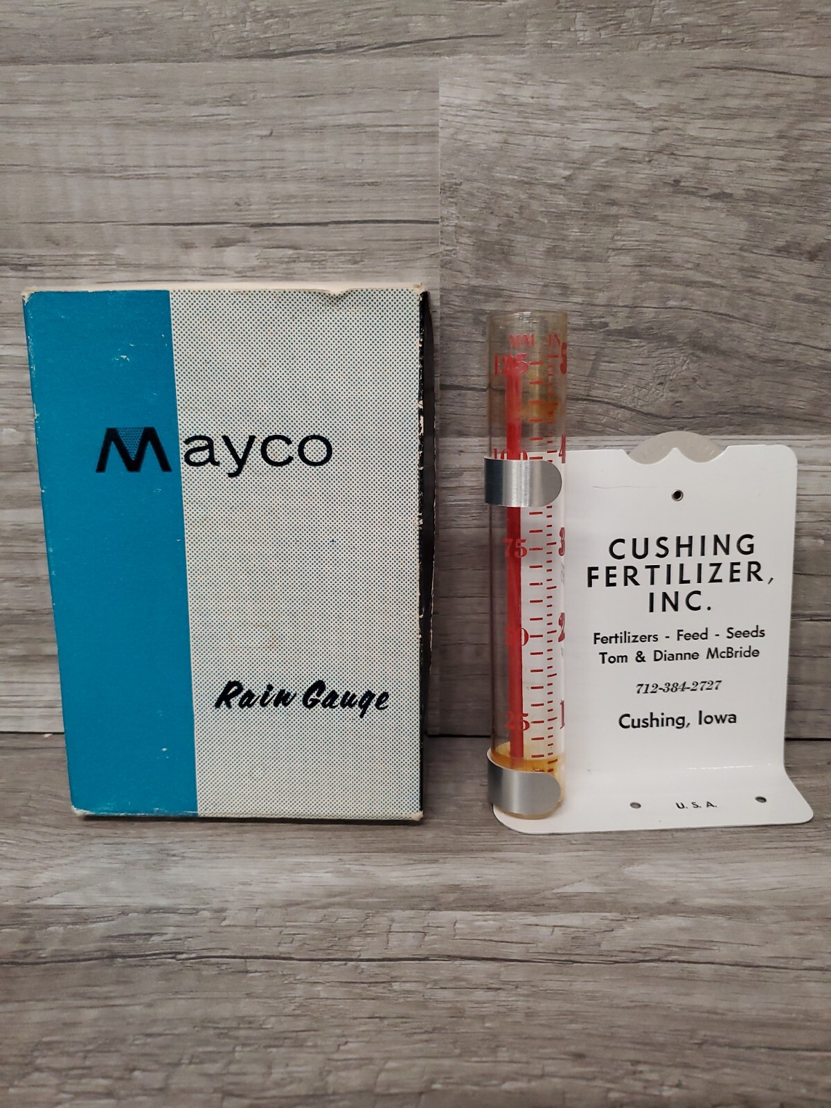 Vtg Mayco Rain Gauge CUSHING FERTILIZER INC. Cushing Iowa Tom & Dianne McBride