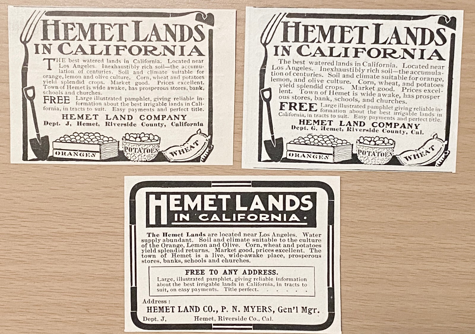 HEMET LAND CO California P.N.Myers Gen.Mgr c1900s Real Estate Sales Print Ad Lot