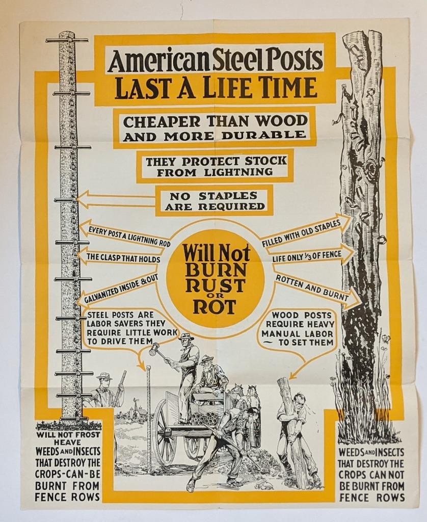 VINTAGE ADVERTISMENT BROCHURE, AMERICAN STEEL FENCE POSTS w ILLUSTRATED POSTER