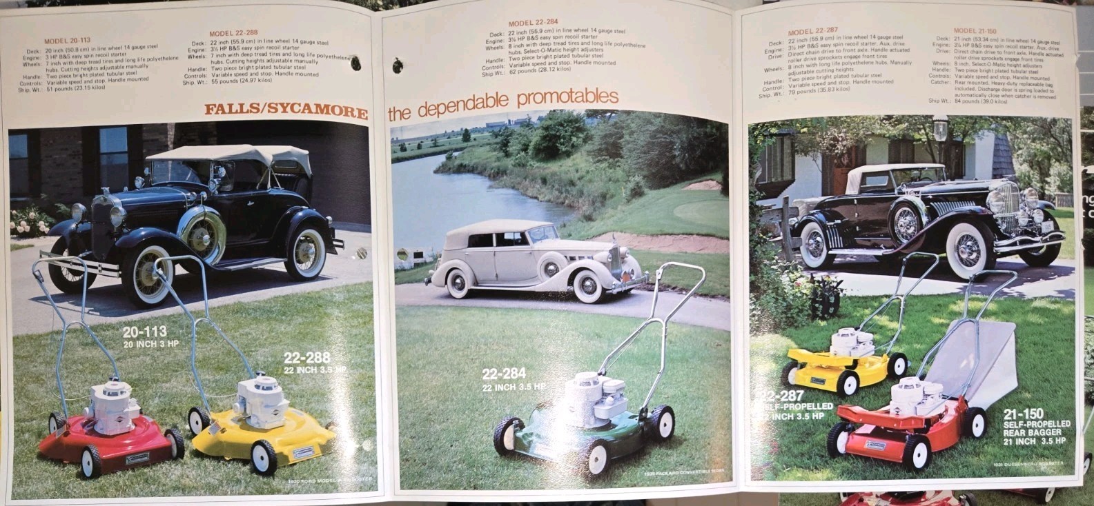LOT OF 9 70S AND 80S FALLS SYCAMORE LAWN MOWER DEALER COLOR BROCHURES 1976-1986