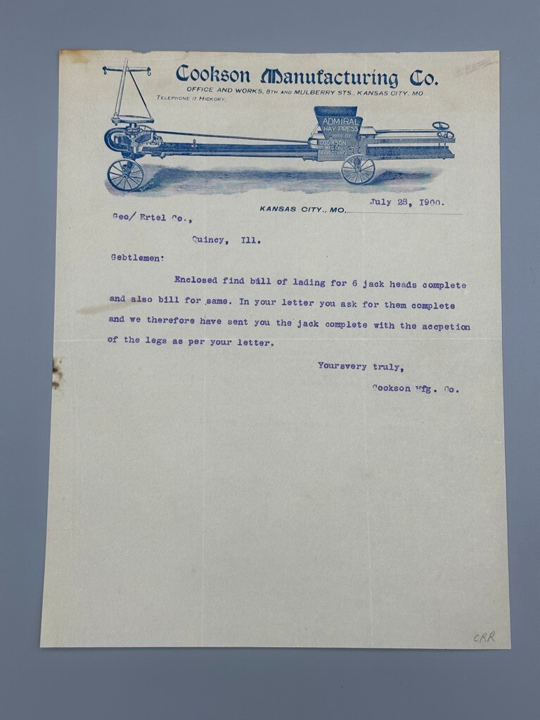 1900 Cookson ADMIRAL HAY Press FARM Advertising Letterhead Antique KANSAS CITY