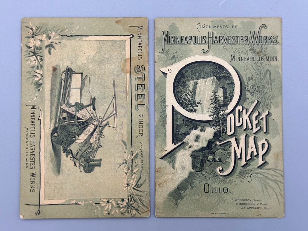 1886 MINNEAPOLIS HARVESTER WORKS MN Farm Advertising OHIO POCKET MAP Antique