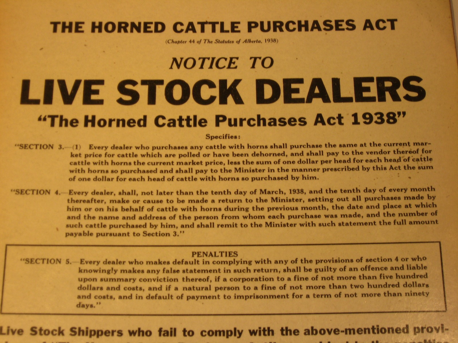 Horned Cattle Purchases Act 1938 Cardboard Sign Alberta Live Stock