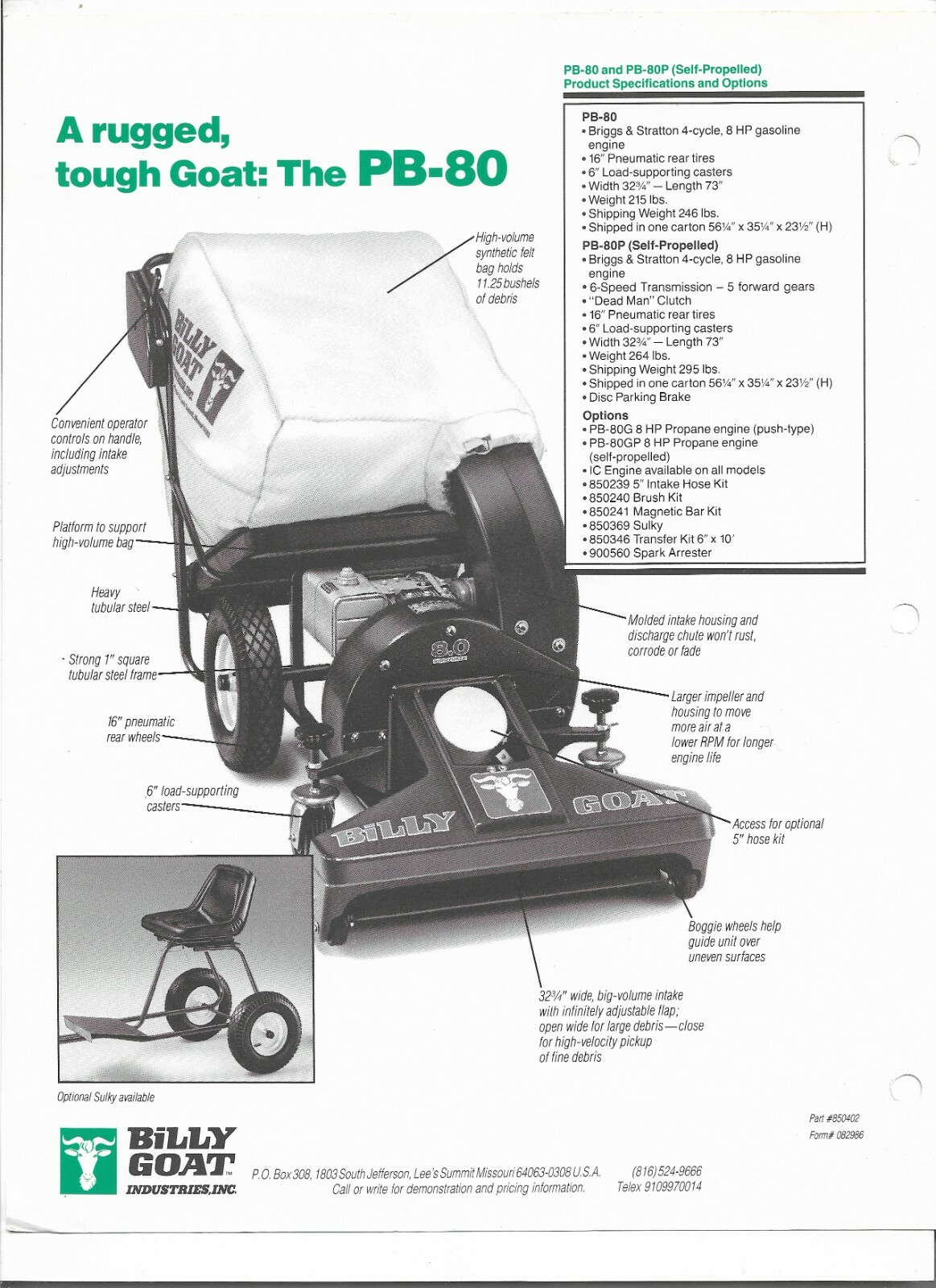 Original OEM Billy Goat Models PB80 and PB80P Vacuums Sales Brochure Form 082986