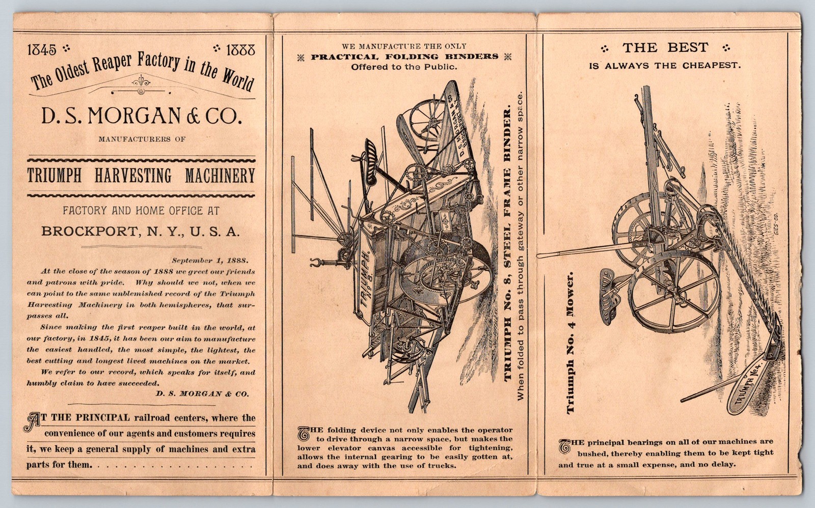 1888 D.S. Morgan & Co. Triumph Harvesting Machinery Horse Race Trade Card Ad