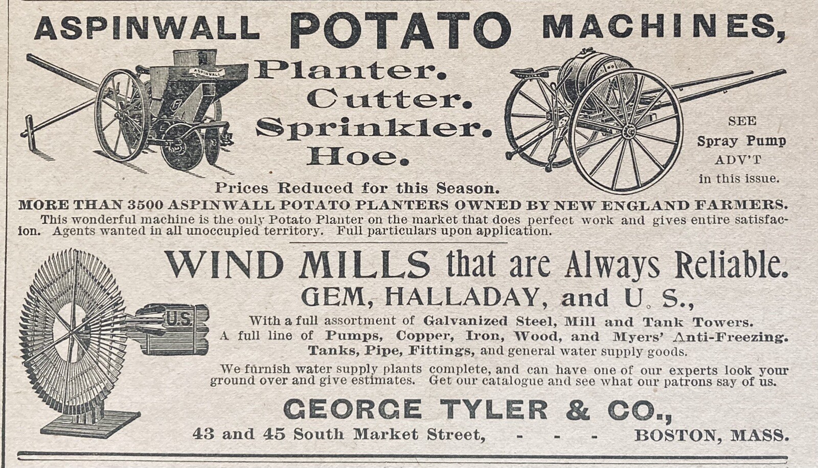 1896 AD(XH45)~GEO. TYLER CO. BOSTON. ASPINWALL POTATO MACHINES DEALER