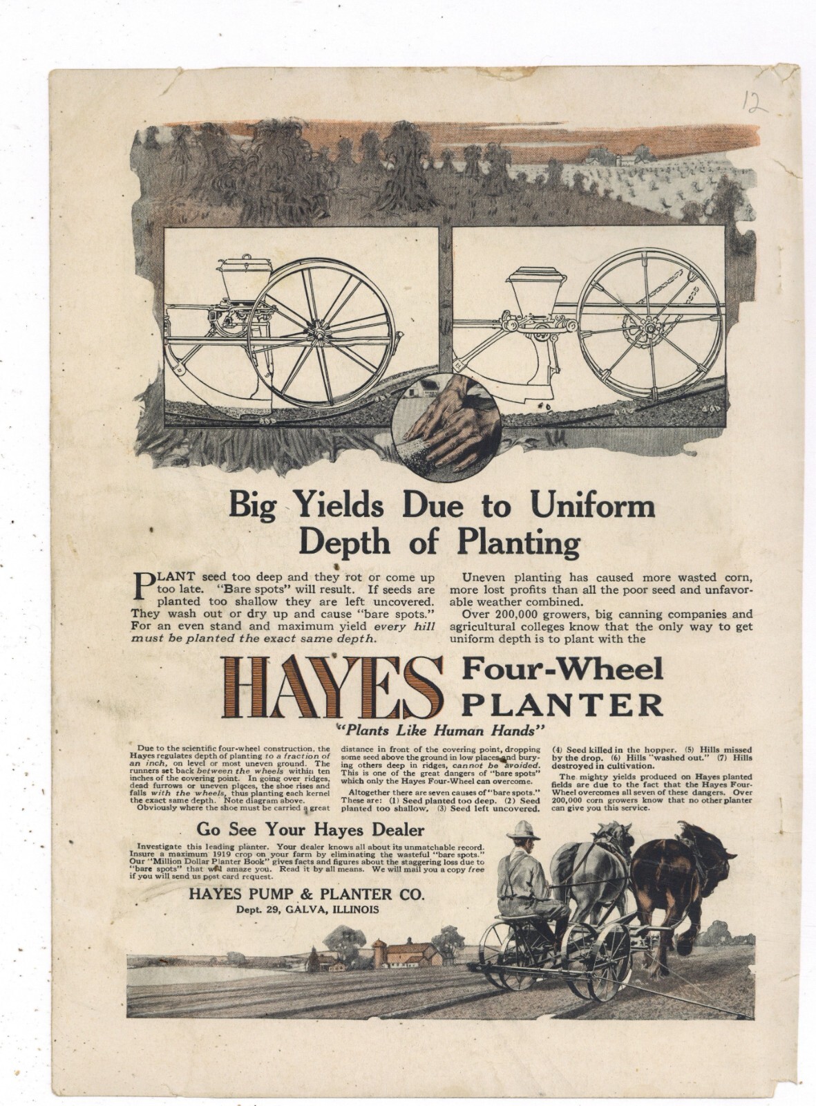 1919 Hayes Pump & Planter Co. Ad: Four Wheel Planter – Galva, Illinois