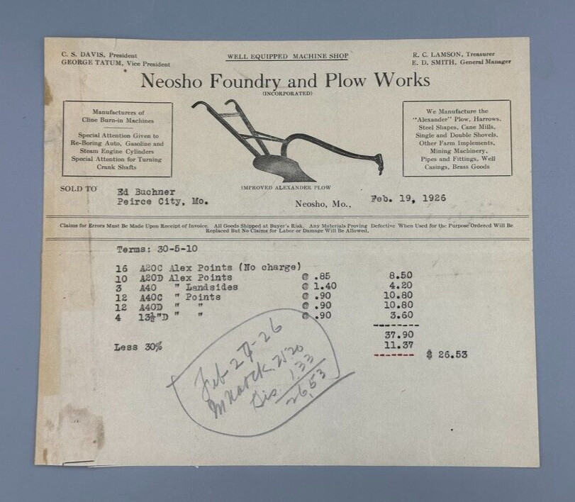 1926 & 1942 NEOSHO Foundry PLOW WORKS Farm Advertising Invoice Missouri