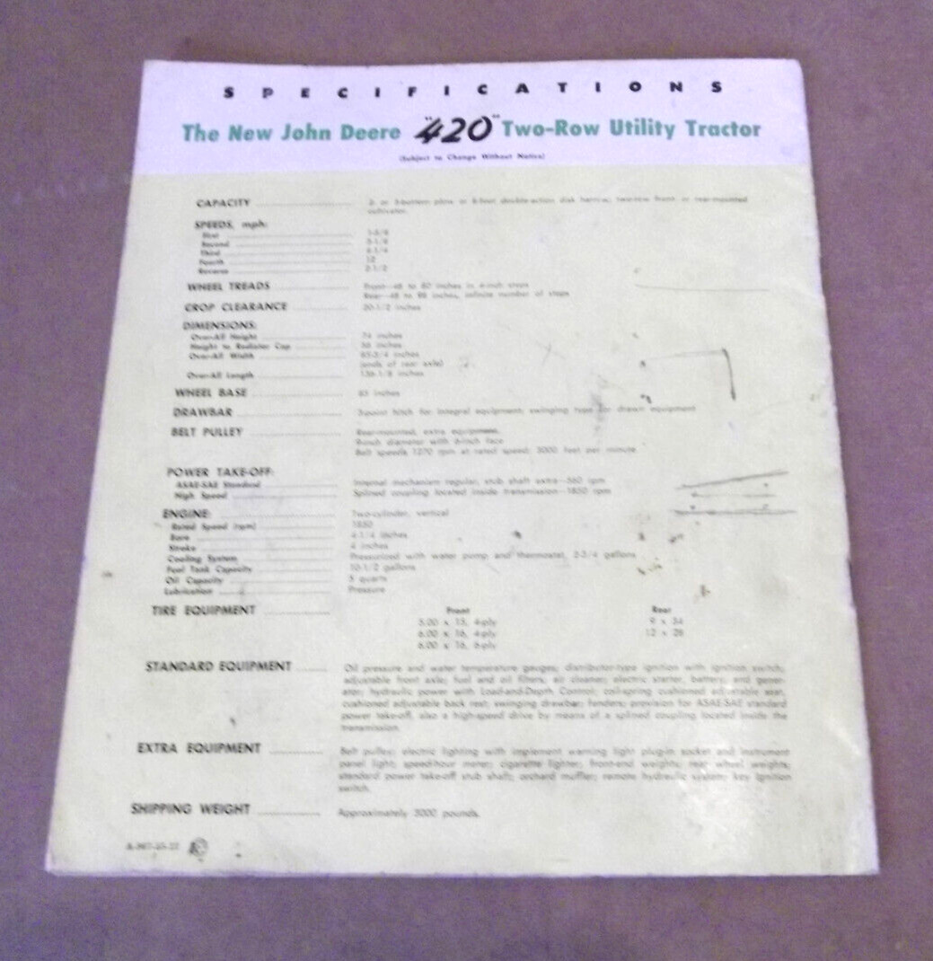 1955 John Deer 420 Two Row Crop Utility Tractors Factory Sales Brochure