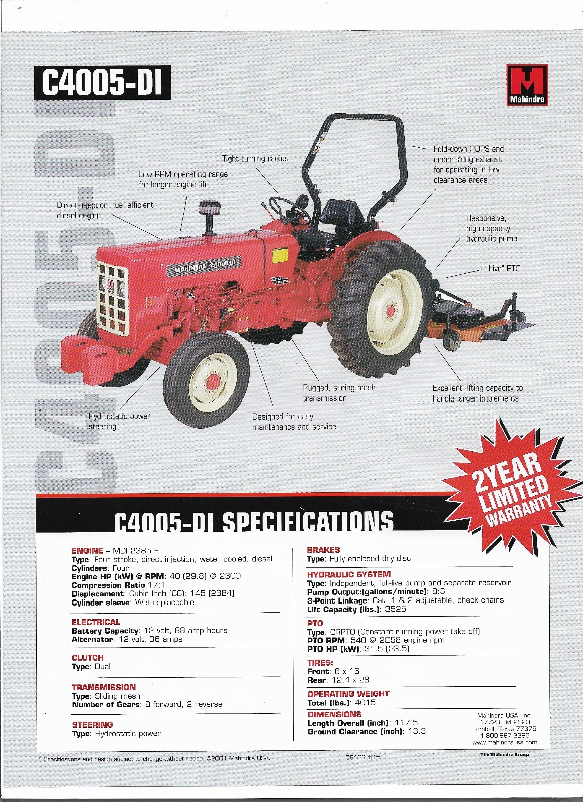 Original Mahindra C4005DI Tractor Dealer Sales Brochure Spec Specification Sheet