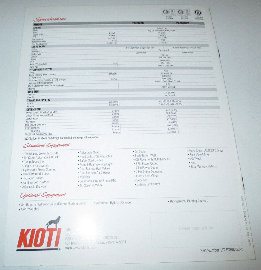 *Kioti PX Series Tractor Sales Brochure Model PX9020 PX9020C & PX9020PC OEM 9/15