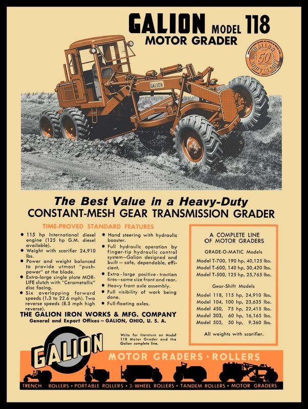 1957 Galion Iron Works Model 118 Motor Grader New Metal Sign: 12×16&Prime; Ships Free