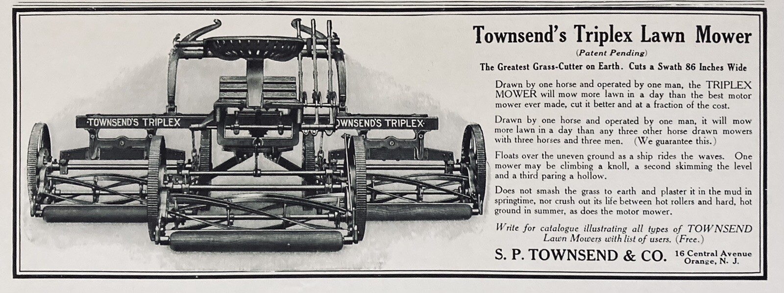 1915 AD.(XH49)~S.P. TOWNSEND CO. ORANGE, NJ. TOWNSEND TRIPLEX LAWN MOWER