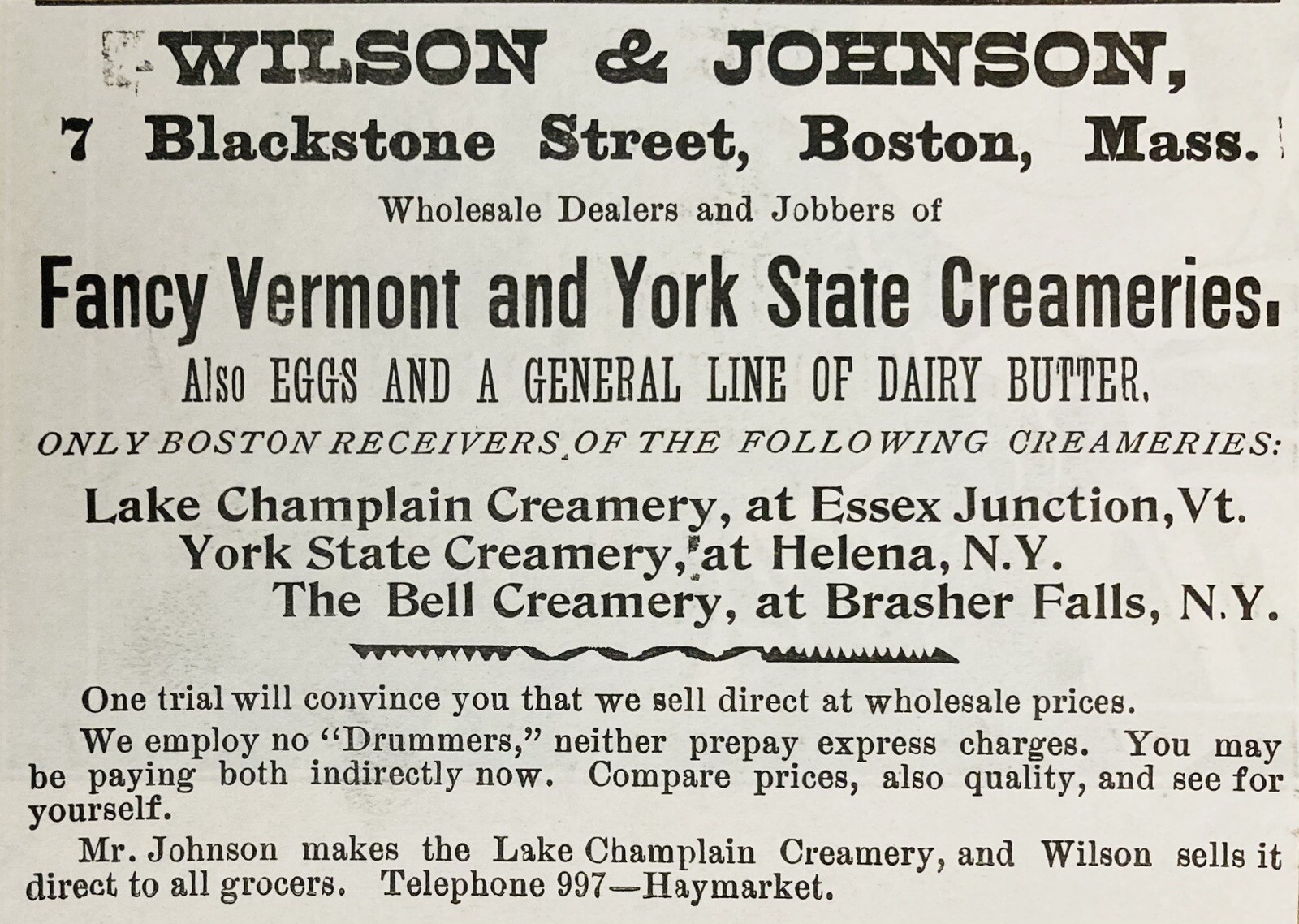 1899 AD.(XH63)~WILSON & JOHNSON CO. BLACKSTONE ST. BOSTON. VERMONT CREAMERIES