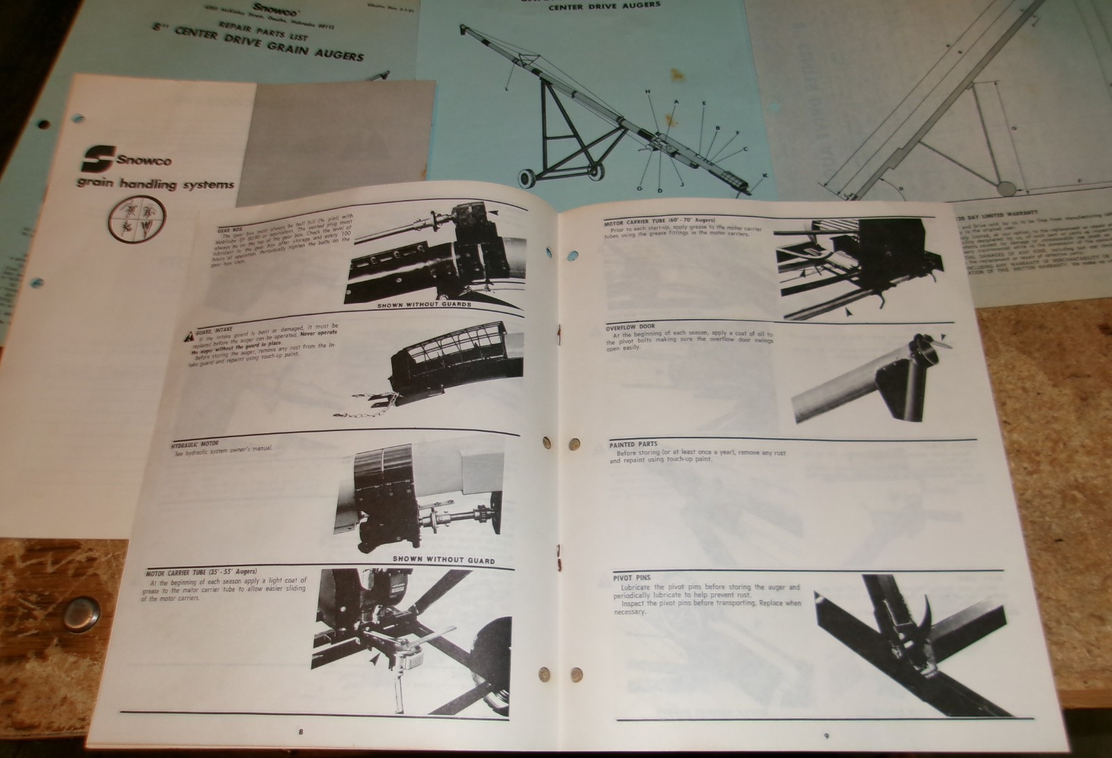 5-lot 1981 snowco 8&Prime; grain augers manuals good used