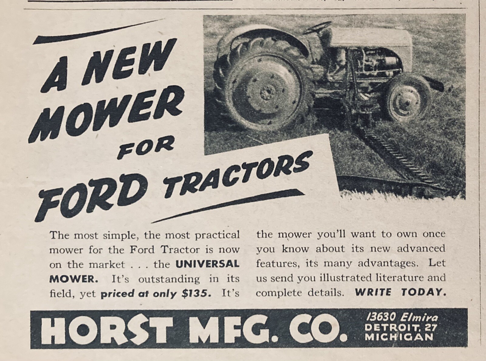 1944 AD.(XH54)~HORST MFG. CO. DETROIT. NEW UNIVERSAL MOWER FOR FORD TRACTORS
