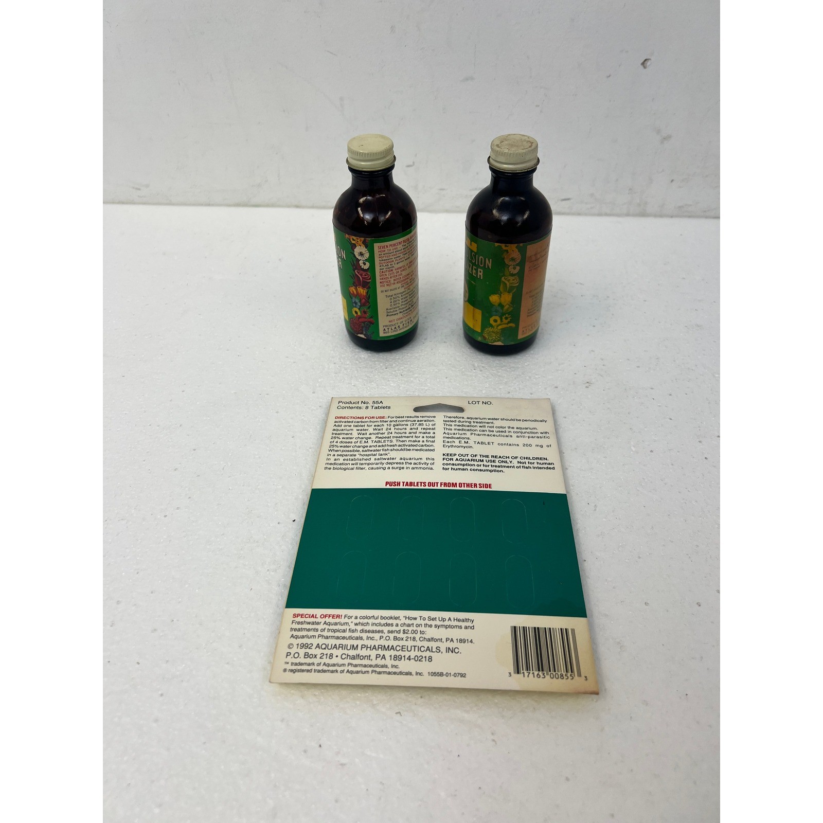 Vintage Atlas Fish Emulsion Fertilizer Bottles & Tablets Pet Supply Aquarium Lot