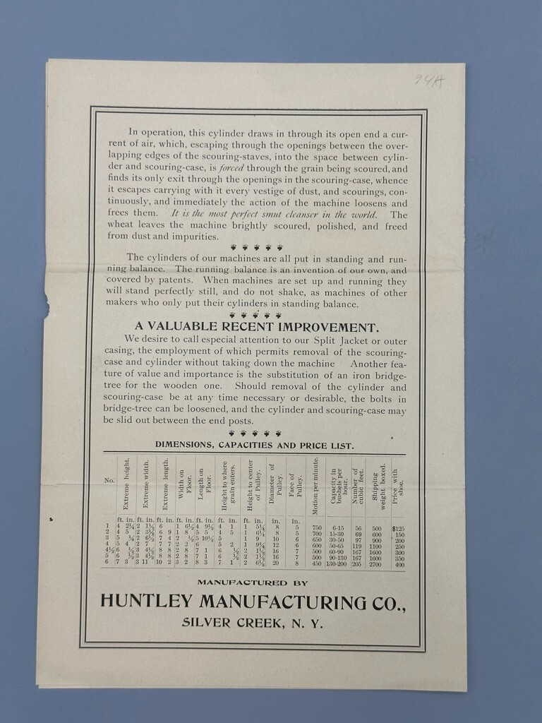 c 1900 HUNTLEY Mfg CRANSON WHEAT MACHINE Silver Creek NY Farm Advertising Antque