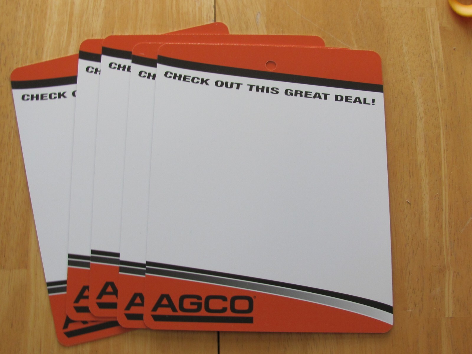 AGCO 5 FARM EQUIPMENT SALES HANG TAGS SIGN 10&Prime; & DECAL COME ON IN DEALERSHIP