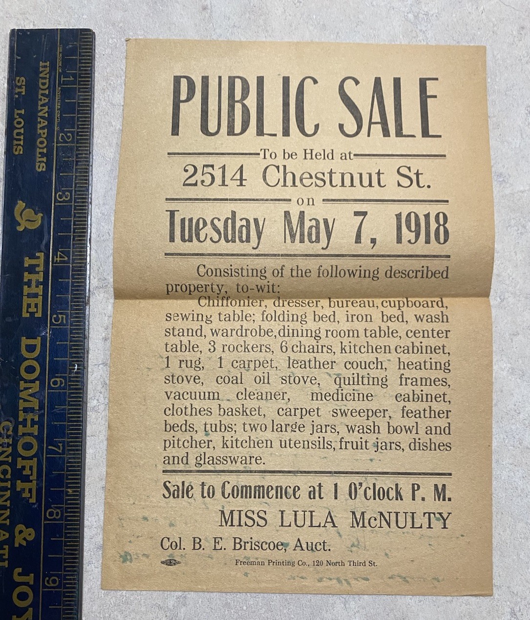VTG 1918 Lula Mcnulty Pike County Missouri Auction Flyer Freeman Printing BG