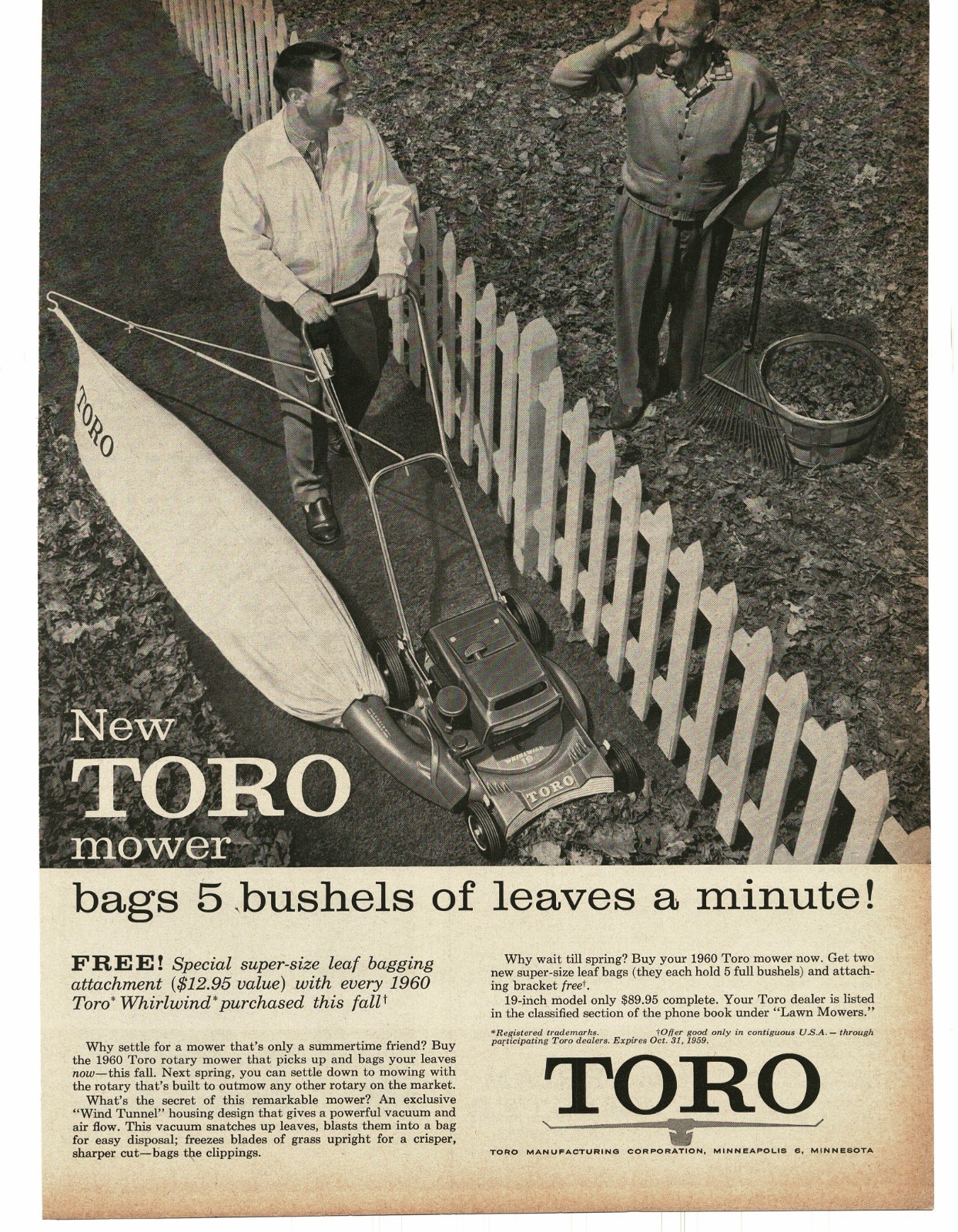 1959 Toro Lawn Mower with leaf bagging attachment Vintage Print Ad