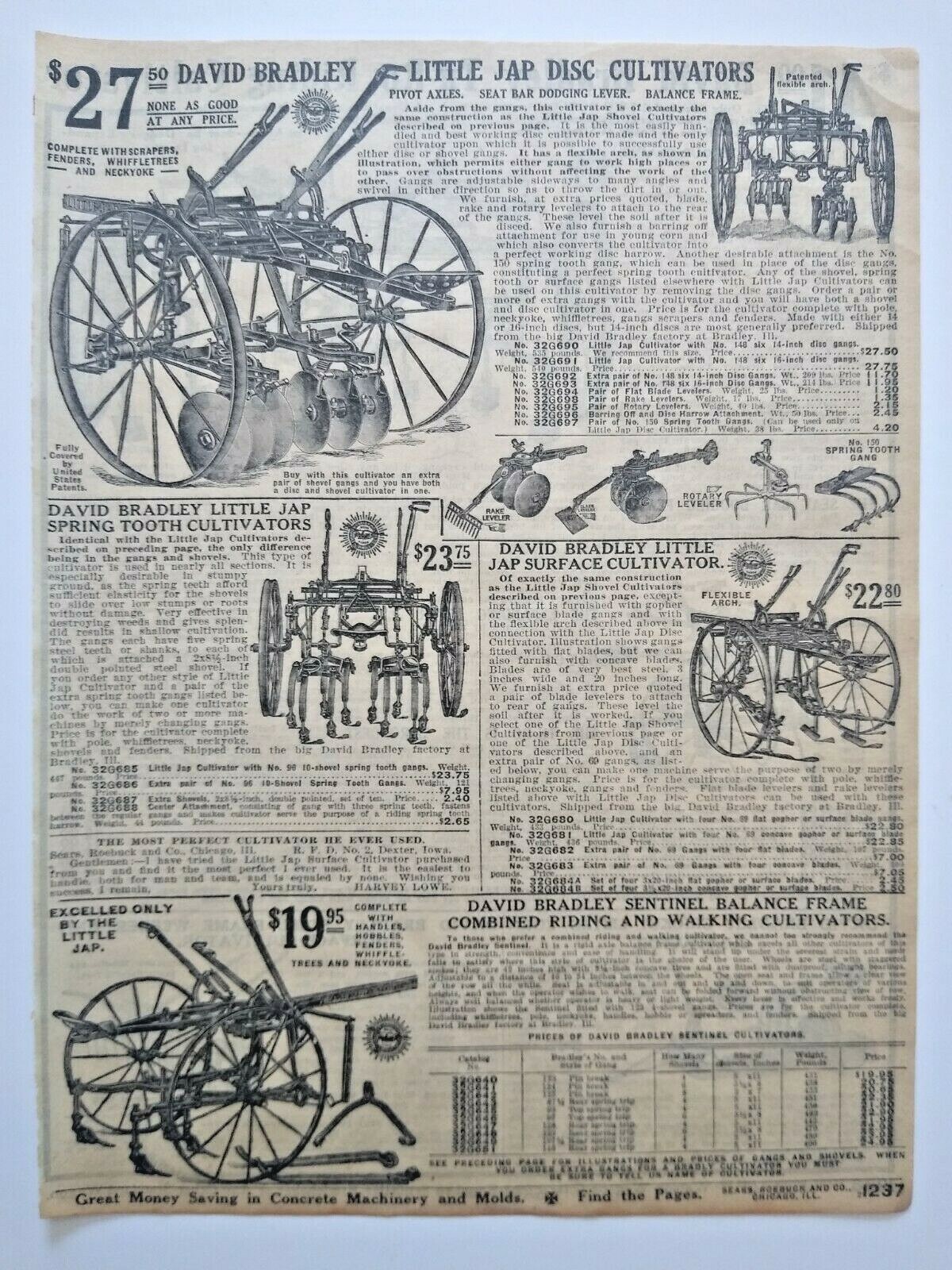 1911 Antique David Bradley Tu-Ro Cultivator Farming Sears Catalog Page Print Ad