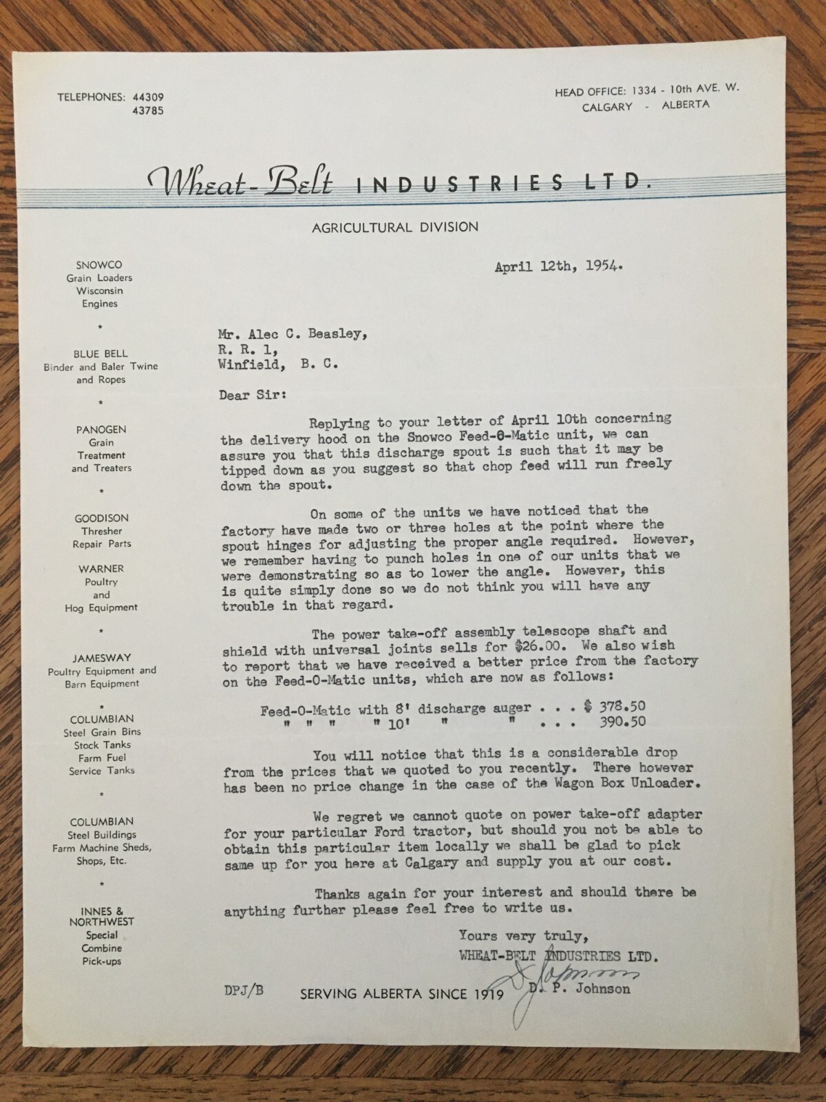 WheatBelt Industries Farm Machinery Letters Receipt 1954 Kelowna BC Cattle Ranch