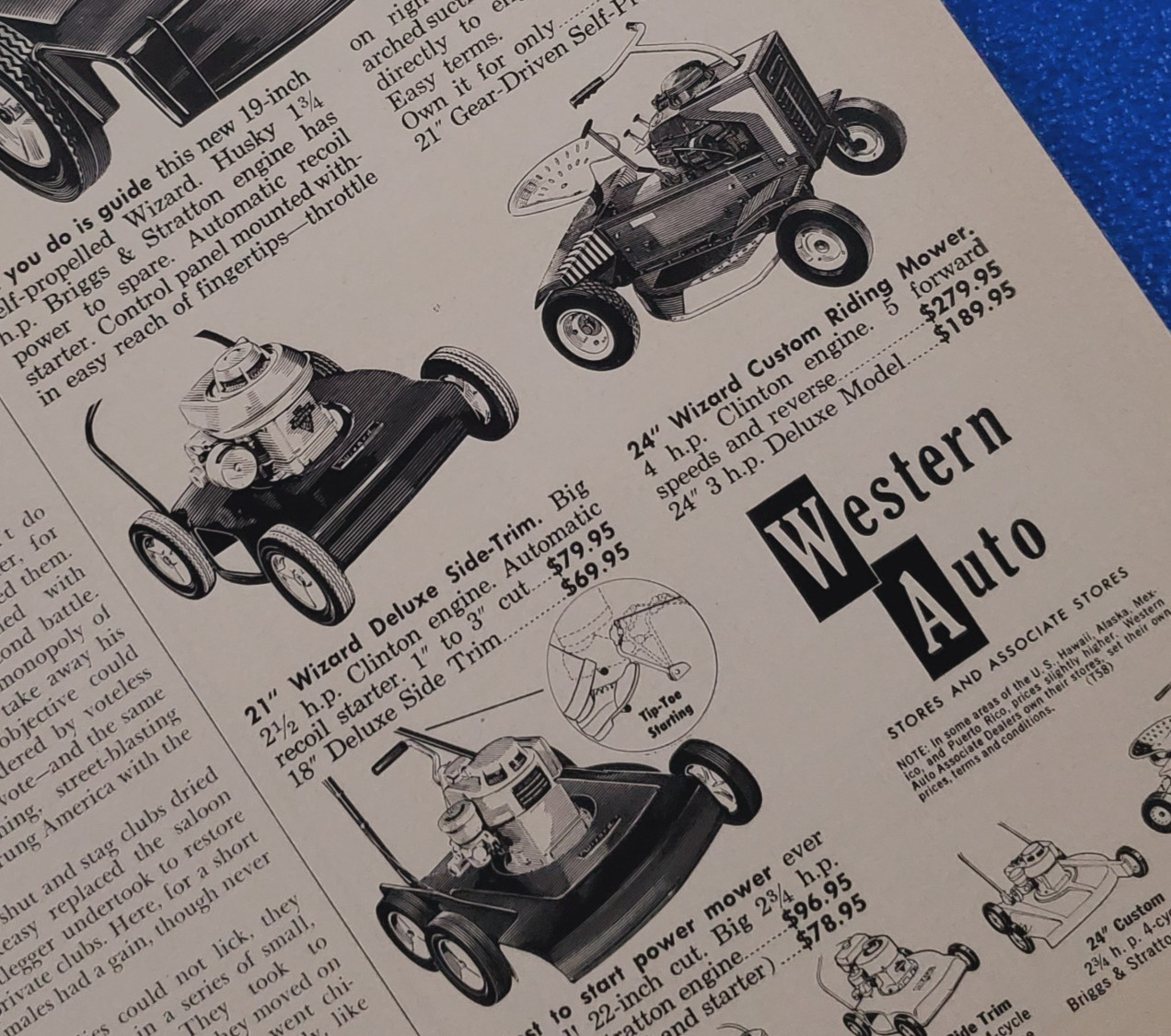 1958 WESTERN AUTO « WIZARD » LAWN MOWER PRODUCT LINE UP ORIGINAL CLASSIC PRINT AD