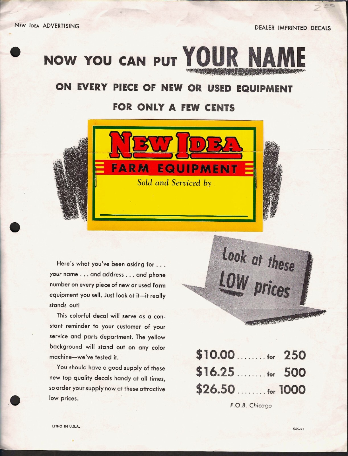 1951 Original New idea Farm Equipment Advertisement for Dealer Decal Labels