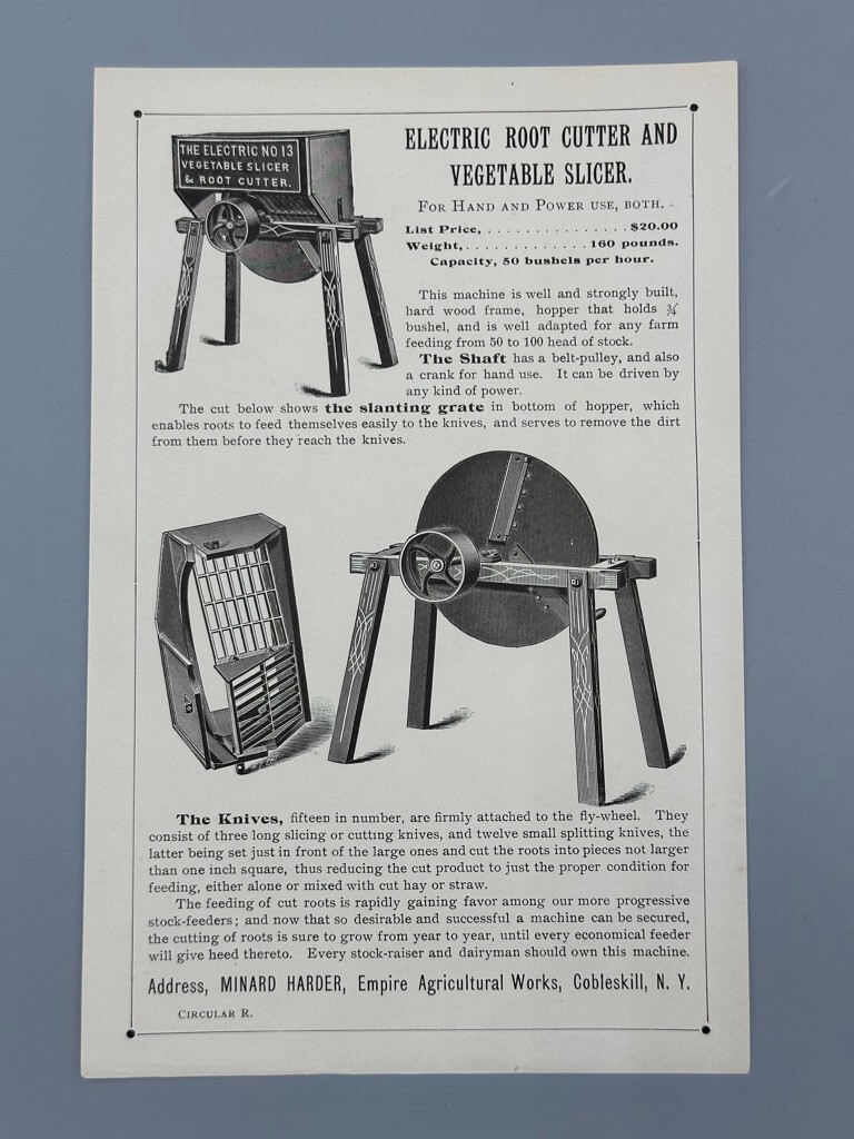 1890s EMPIRE Ag Works Vegetable Root Slicer FARM ADVERTISING Circular Cobleskill