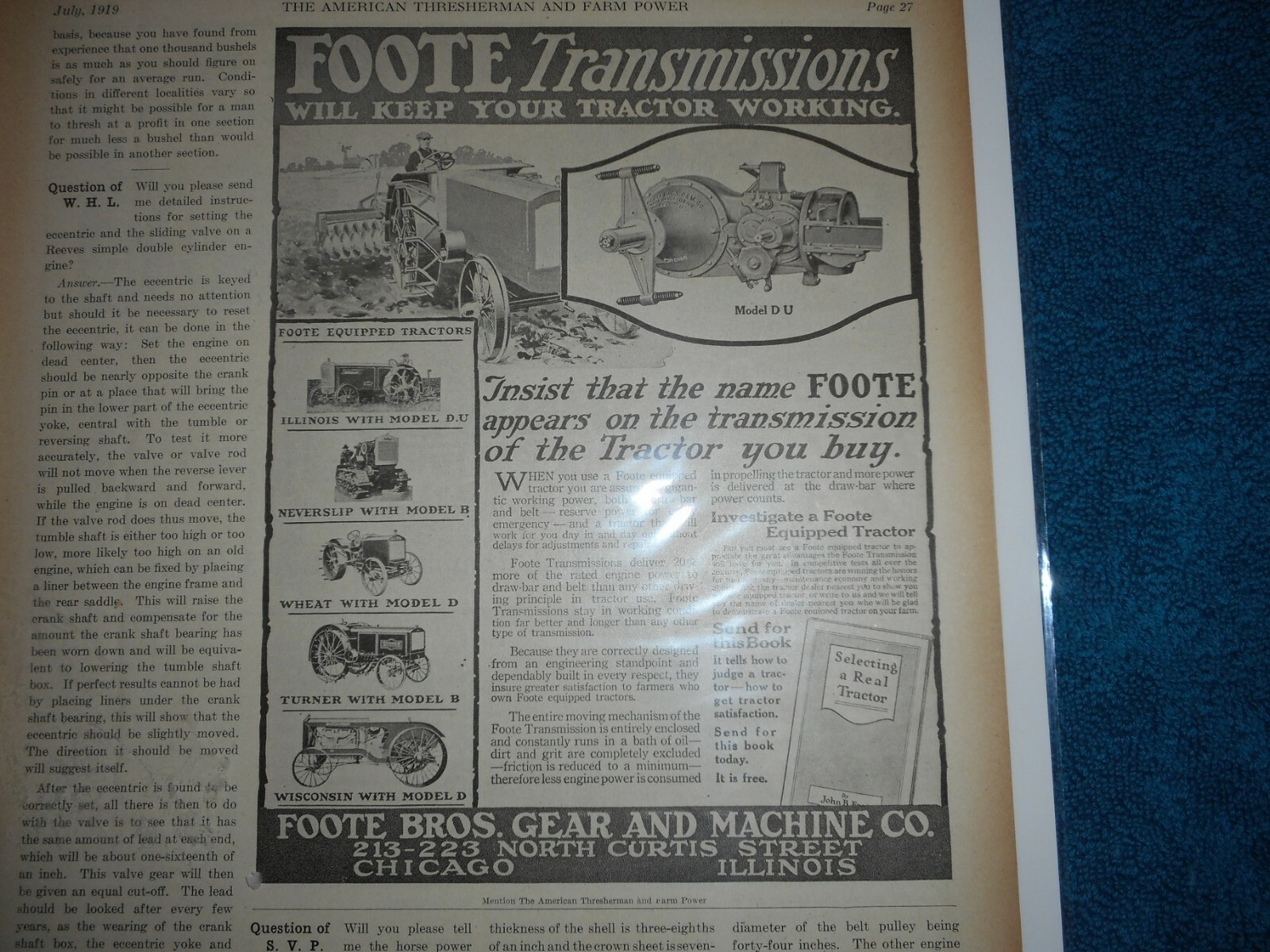 1919 Foote Transmissions Ad: Illinois, Neverslip, Wheat, Turner, Wisc. Tractors