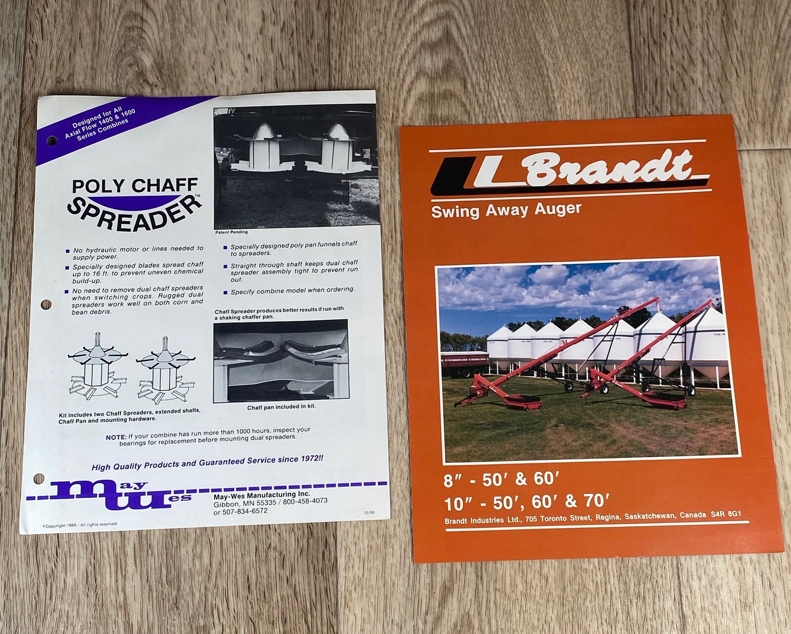 2 Agriculture Sales Brochures Poly Chaff Spreader & Brandt Swing Away Auger