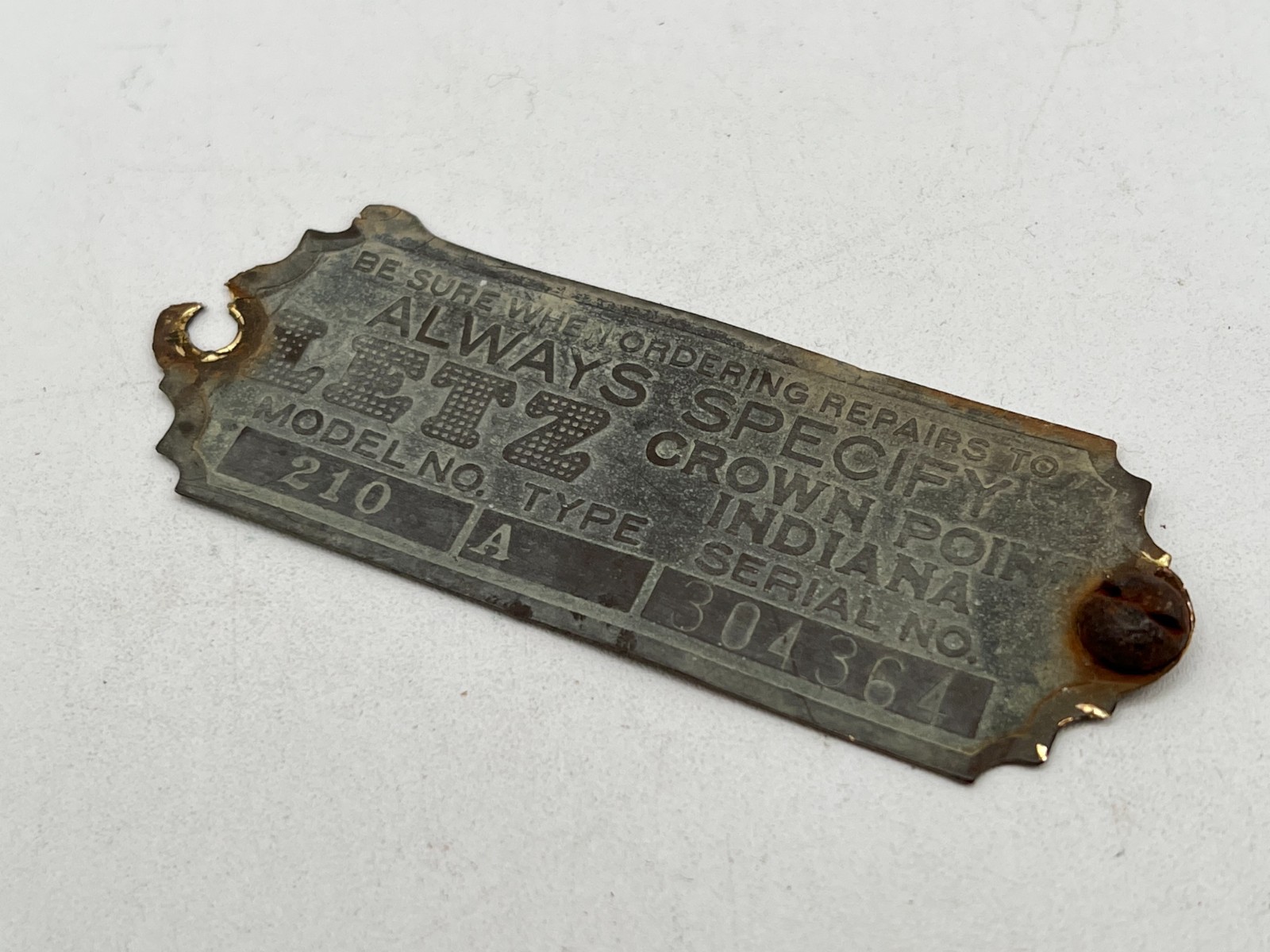 Vintage Specify Letz Crown Point, IN Model 210 Type A Feed Grinder Tag / Plate