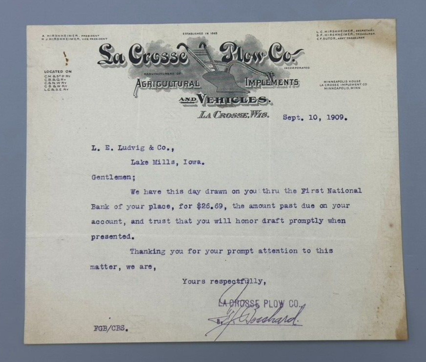 1909 LA CROSSE PLOW Co Wisconsin Advertising FARM Machinery Letter