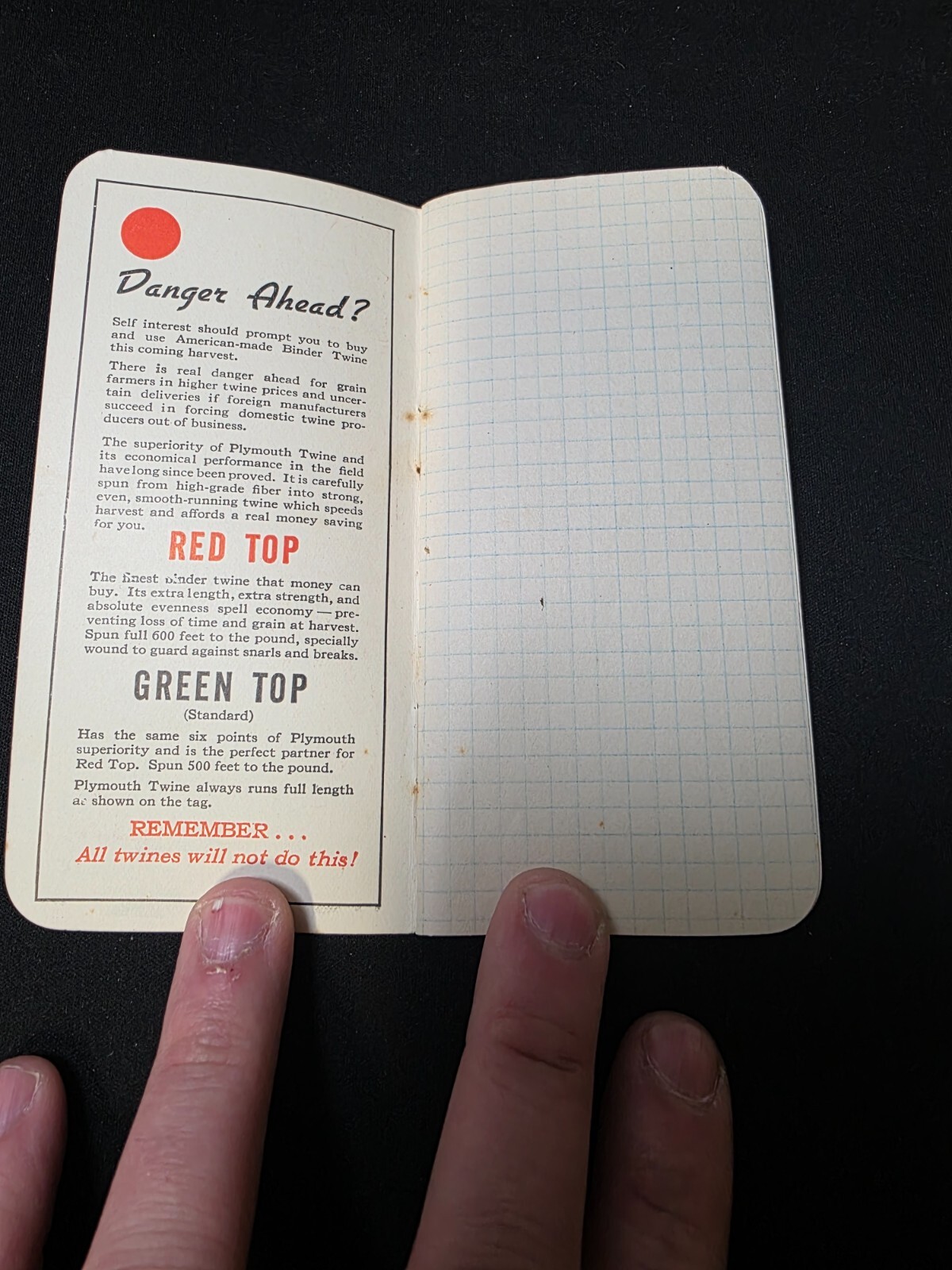 Vintage USED 1938 Plymouth Binder Twine Cordage Co. Pocket Memo Note Book