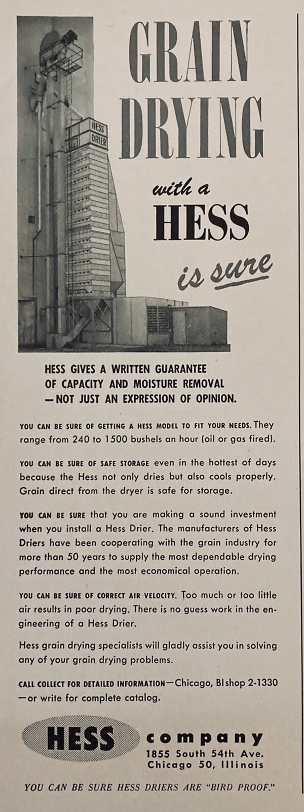 1957 AD.(XH51)~HESS CO. CHICAGO. HESS GRAIN STORAGE DRYERS