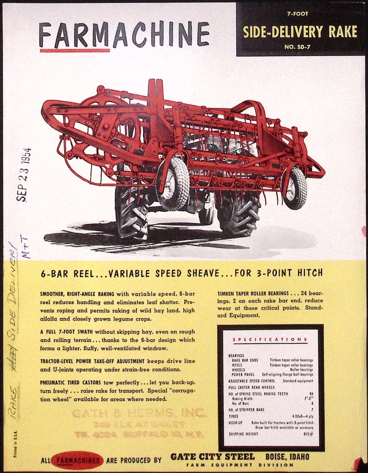 1954 Farmachine Side Delivery Rake Brochure Gate City Steel Boise ID