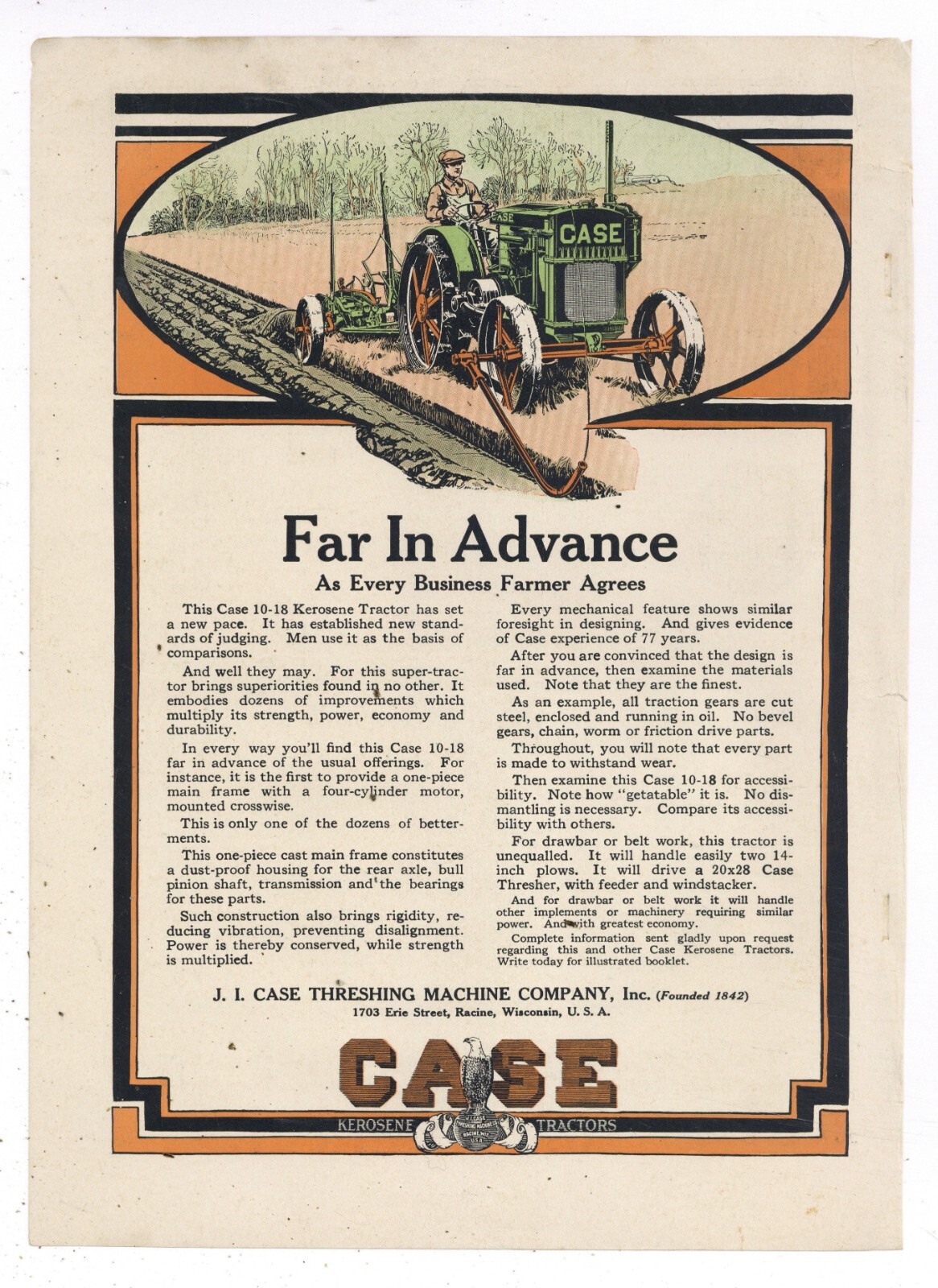 1919 J.I. Case Threshing Machine Co. Ad: Model 10-18 Kerosene Tractor in Color