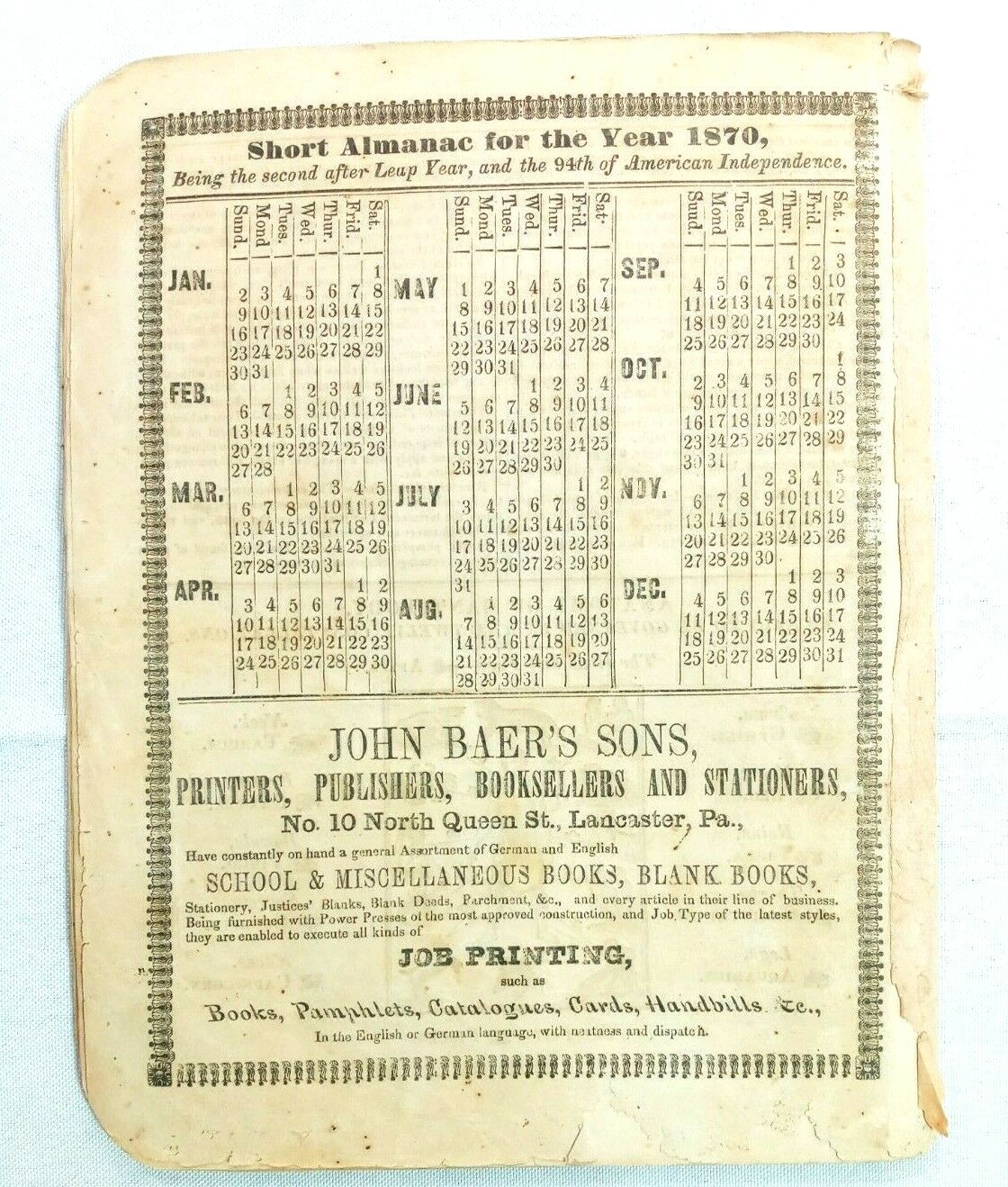 Vintage 1870 John Bear Baer&rsquo;s Agricultural Almanac Lancaster PA Antique Farmers