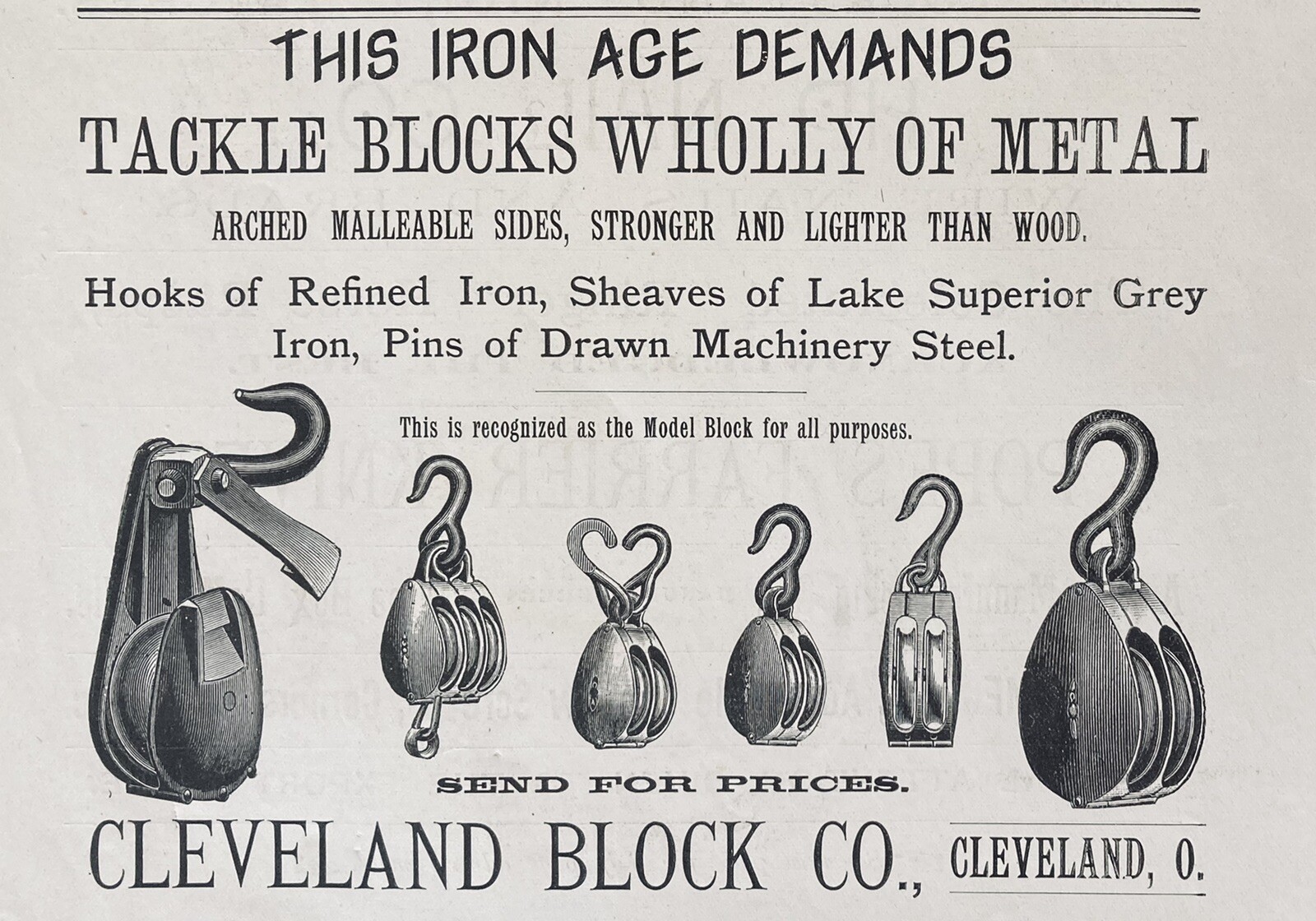 1894 AD(XH8)~CLEVELAND BLOCK CO. CLEVELAND, OHIO. METAL TACKLE BLOCKS