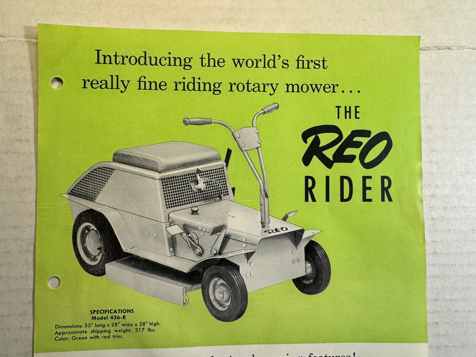Vintage The Reo Rider Riding Rotary Mower Lansing Michigan Brochure Damaged