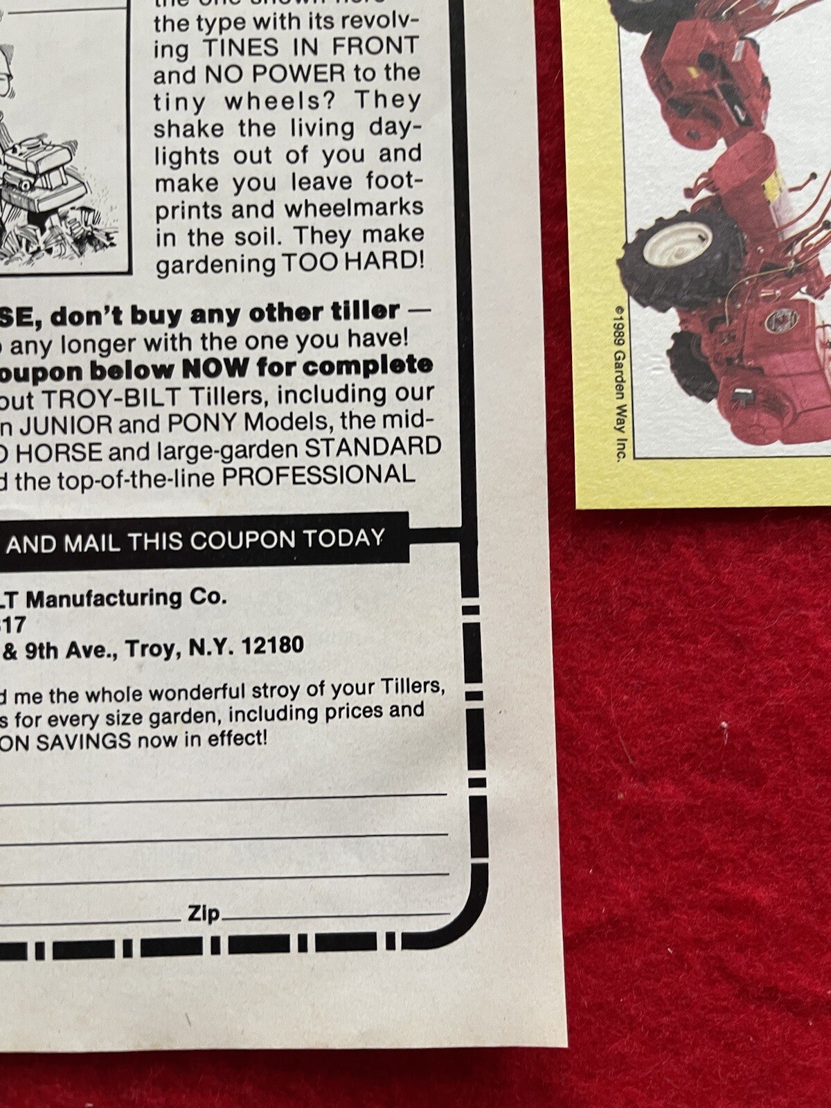 Vintage 1989 Troy Bilt Tiller Print Ad “use one hand”