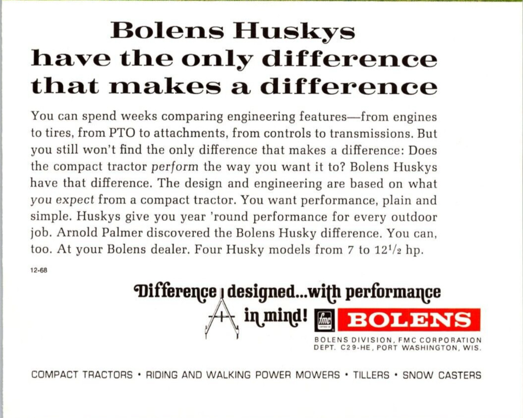 1968 Bolens Husky Compact Tractor Four Husky Models Print Ad