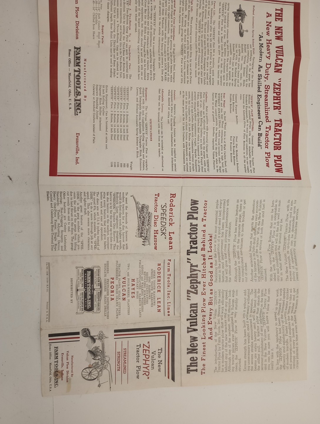 Vtg 1939 Vulcan Zephyr Tractor Plow Fold Out Color Poster Brochure Mansfield Oh