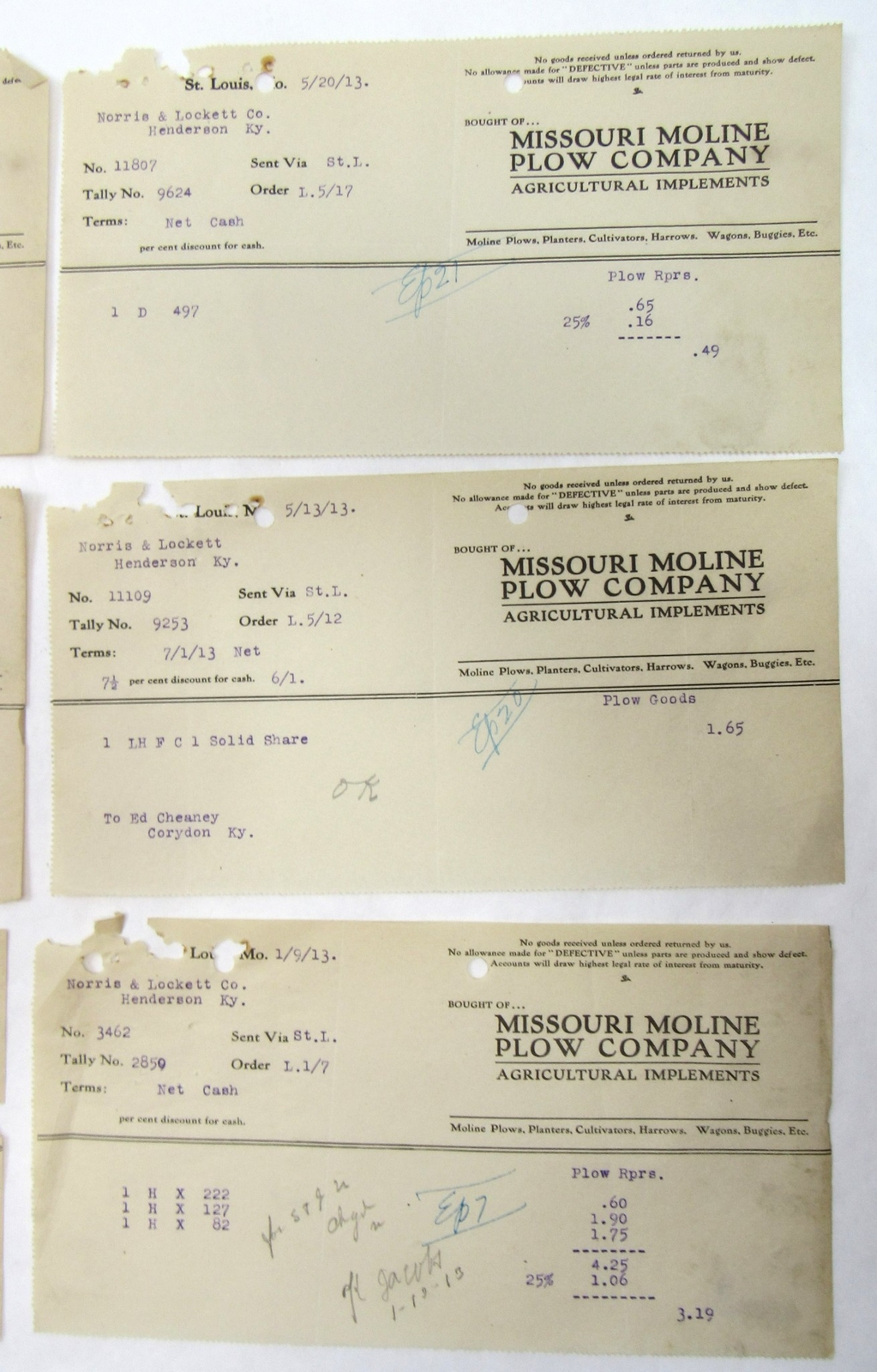 1913 Missouri Moline Plow Company Lot Billheads Norris Lockett Henderson KY