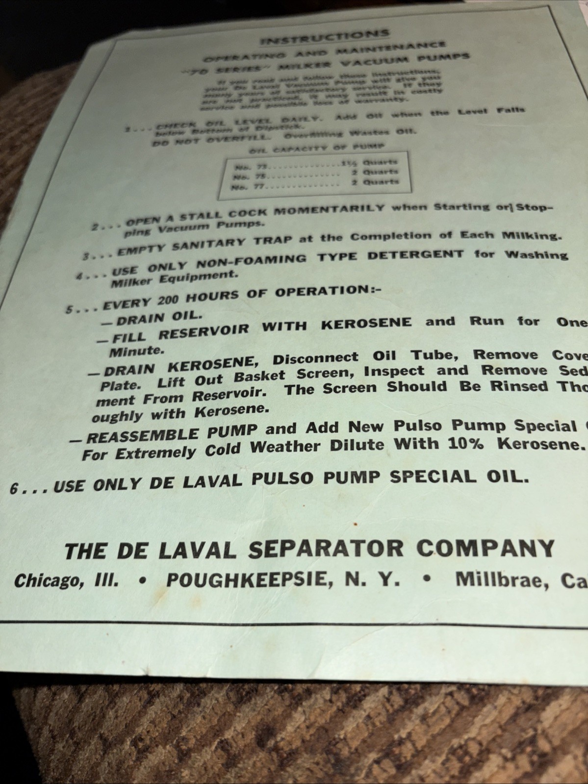 1957 The De Laval Separator Company”70 Series” Miller Vacuum Pumps Manual Pump