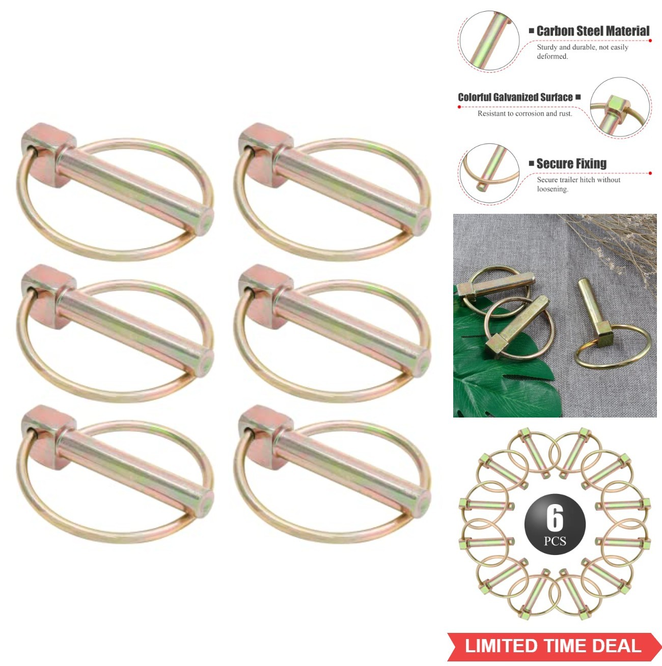 6 Heavy Duty Lynch Pins 3/8 Inch Round Linch Pin Lock Clip for Farm Tractors