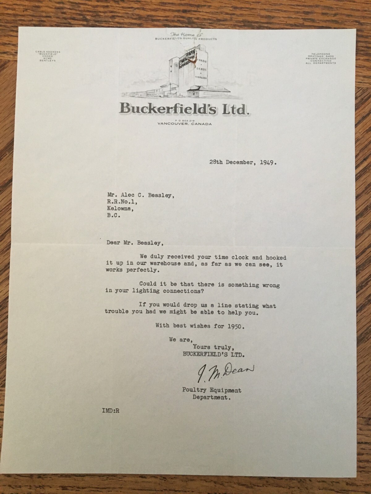 Buckerfields Ltd Farm Tool Machinery Letter Receipt 1949 Kelowna BC Cattle Ranch