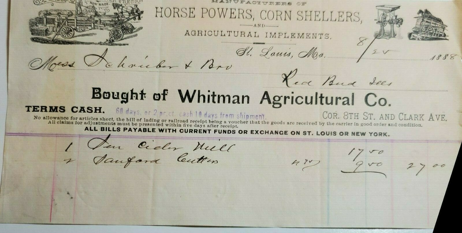 FARM IMPLEMENTS LETTERHEAD BILLHEAD WHITMAN AGRICULTURAL CO. Horse Corn Sheller